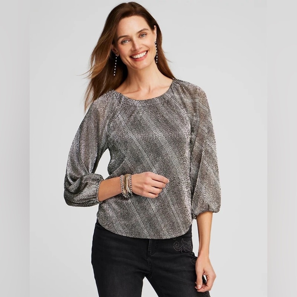 CHICO’S NWT 4 / Women’s XXL Dot Print Foil Crinkle Tee • Metallic Novelty Party